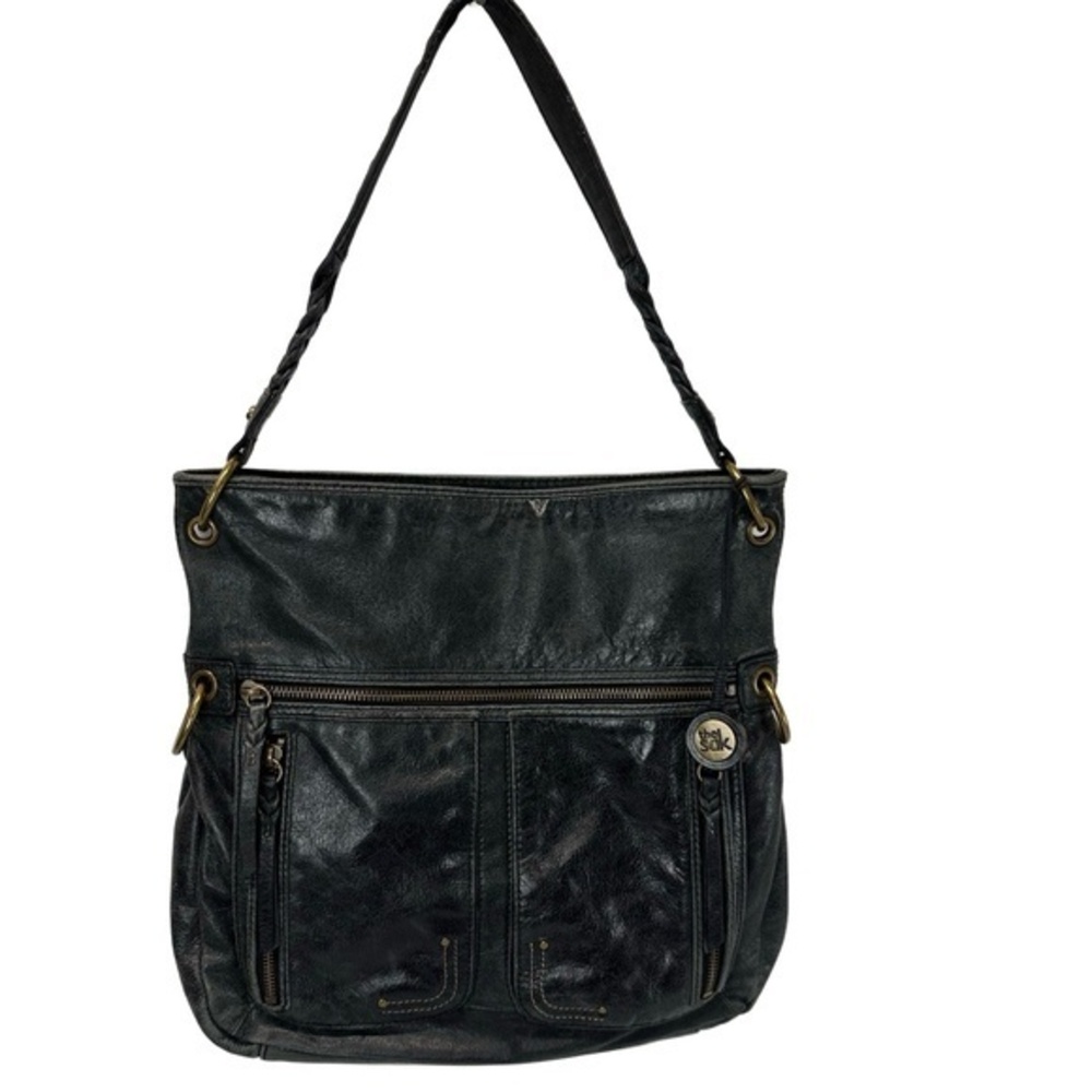 The‎ Sak Gray Leather Shoulder Bag Multiple Compartments Zip Closure Shiny